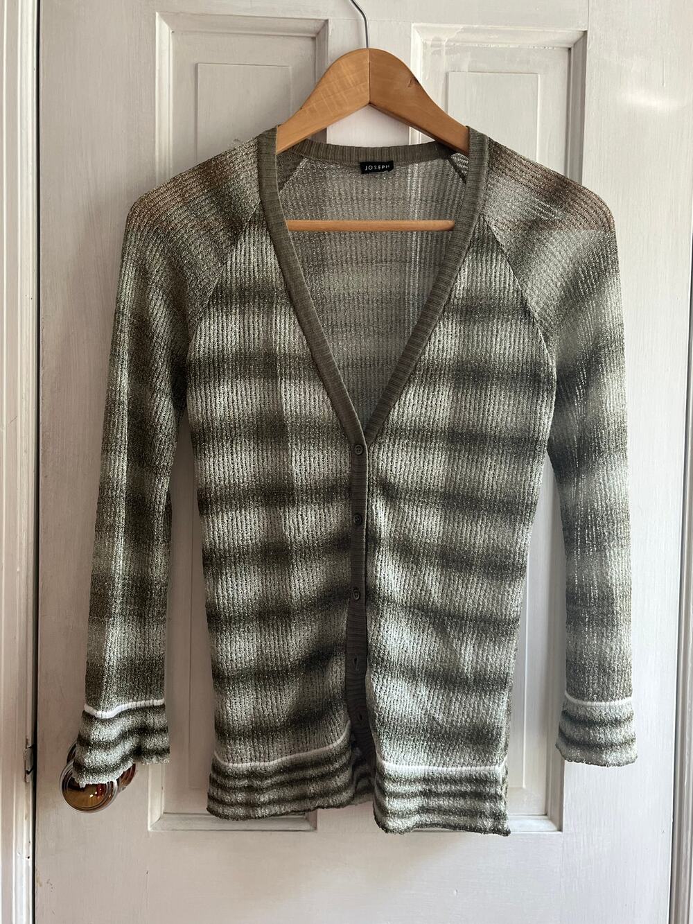 Joseph Light Silver Metallic Knit Striped V-Neck Cardigan Sweater XS
